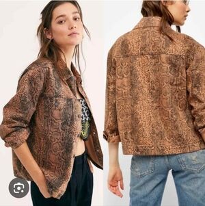Free People Denim Jacket Button Up Snake Skin Print Brown Womens Size  Small